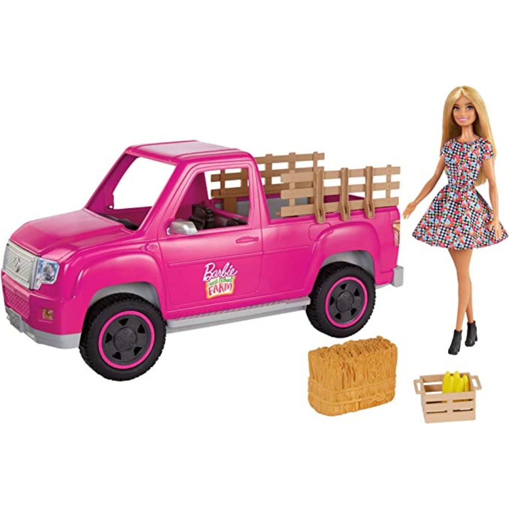 Barbie Sweet Orchard Farm Truck & Doll Set, Blonde Doll & Pink Truck with Working Tailgate, Hay Bale, Crate & Corn, Gift for 3 to 7 Year Olds